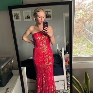 Red and Gold One-Shoulder Gown